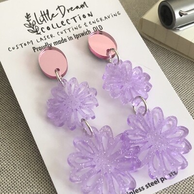 Purple flower glitter acrylic earrings