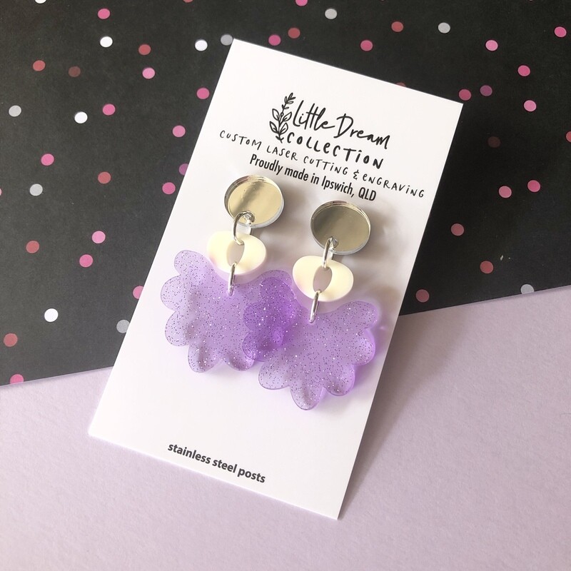Purple glitter scallop acrylic earrings