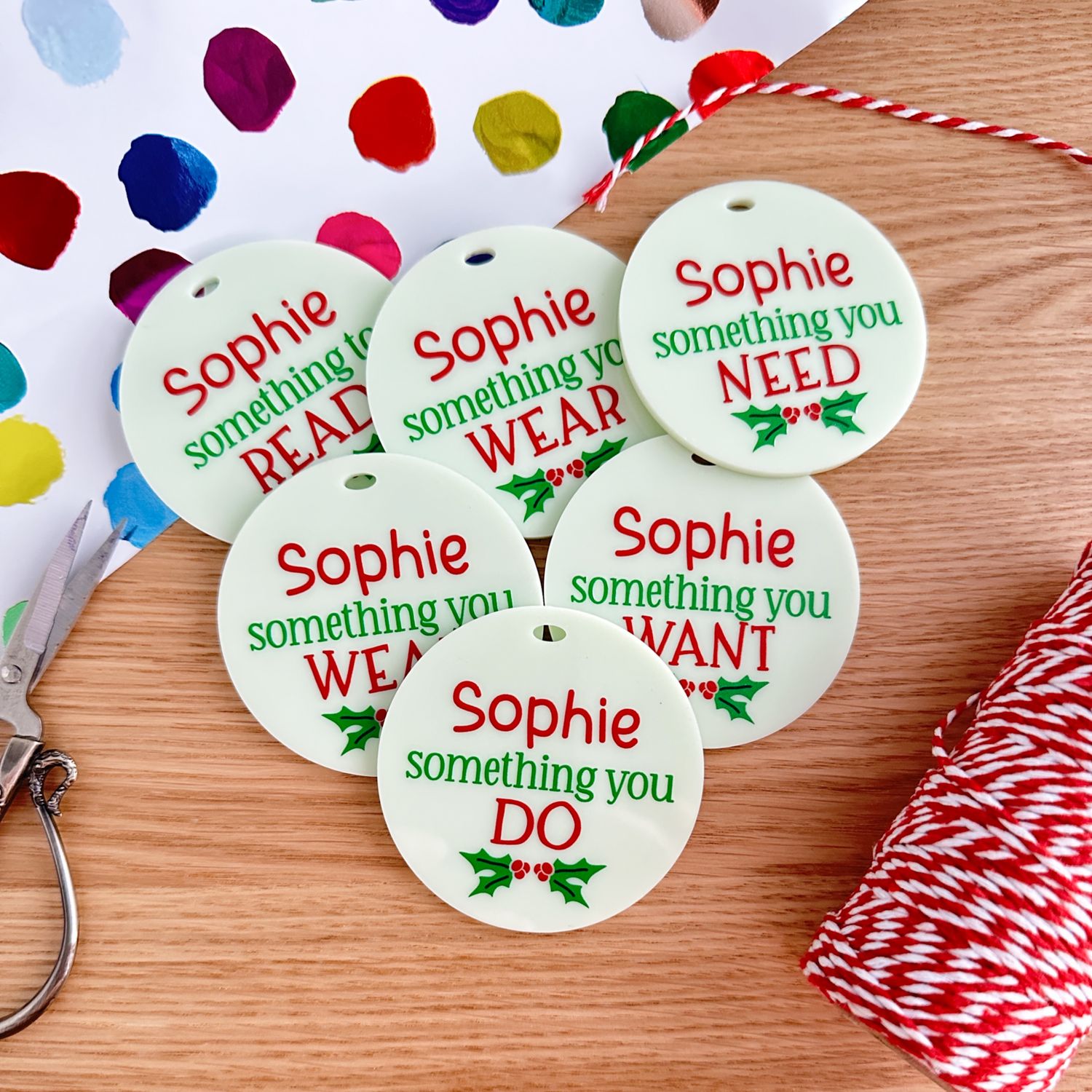 Personalised Christmas Need, Want, Read, Wear Tags Holly