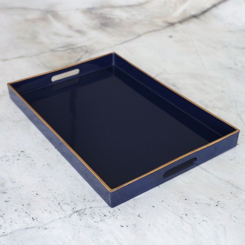 BANDEJA RECTANGULAR AZUL CON BORDE DORADO