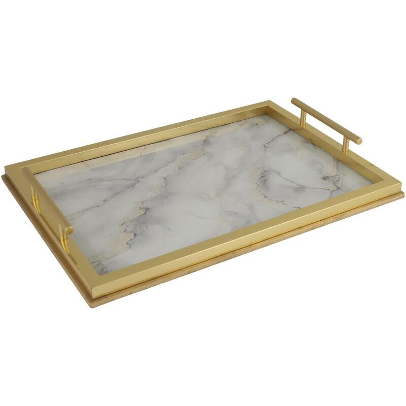 Bandeja Decorativa Marmoleada Blanco con Dorado Rectangular