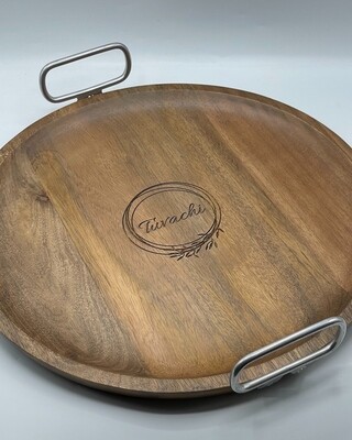 Bandeja Redonda de madera con mango de Metal