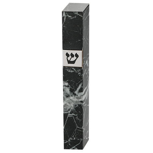 Mezuza de Plástico Negro Marmoleada con la Shin en Metal Plateado 12 cm