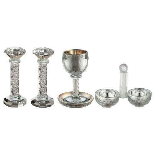 Juego De Candelabros De Cristal Plateado + Copa De Kidush + Salero Y Pimentero Con Piedras