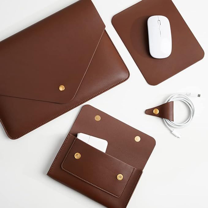 Set de funda para laptop  en cuero sintético cafe