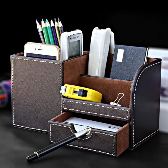 Organizador de escritorio con cajon costuras café