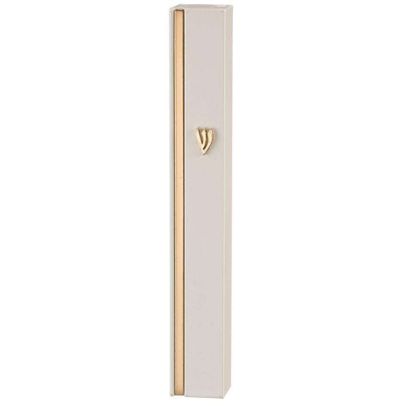 Mezuza de aluminio blanca con la chin dorado en metal 12cm