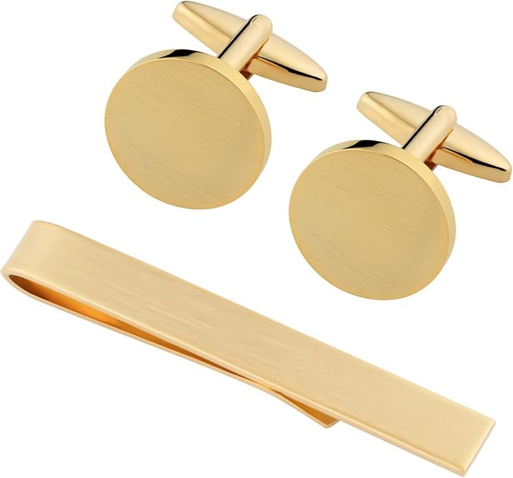 Set de mancuernas redondas y clip de corbata doradas