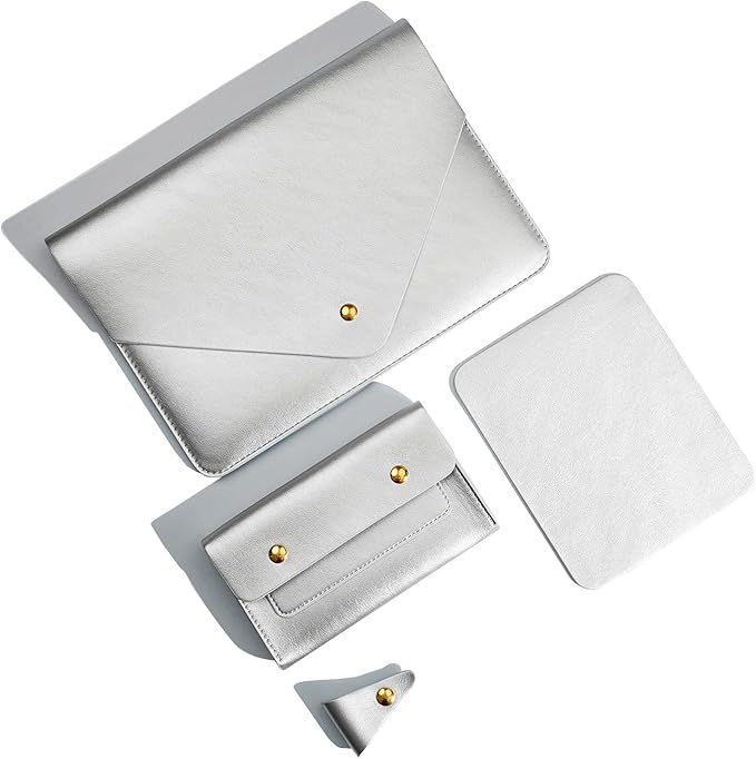 Set de funda para laptop  en cuero sintético plateado