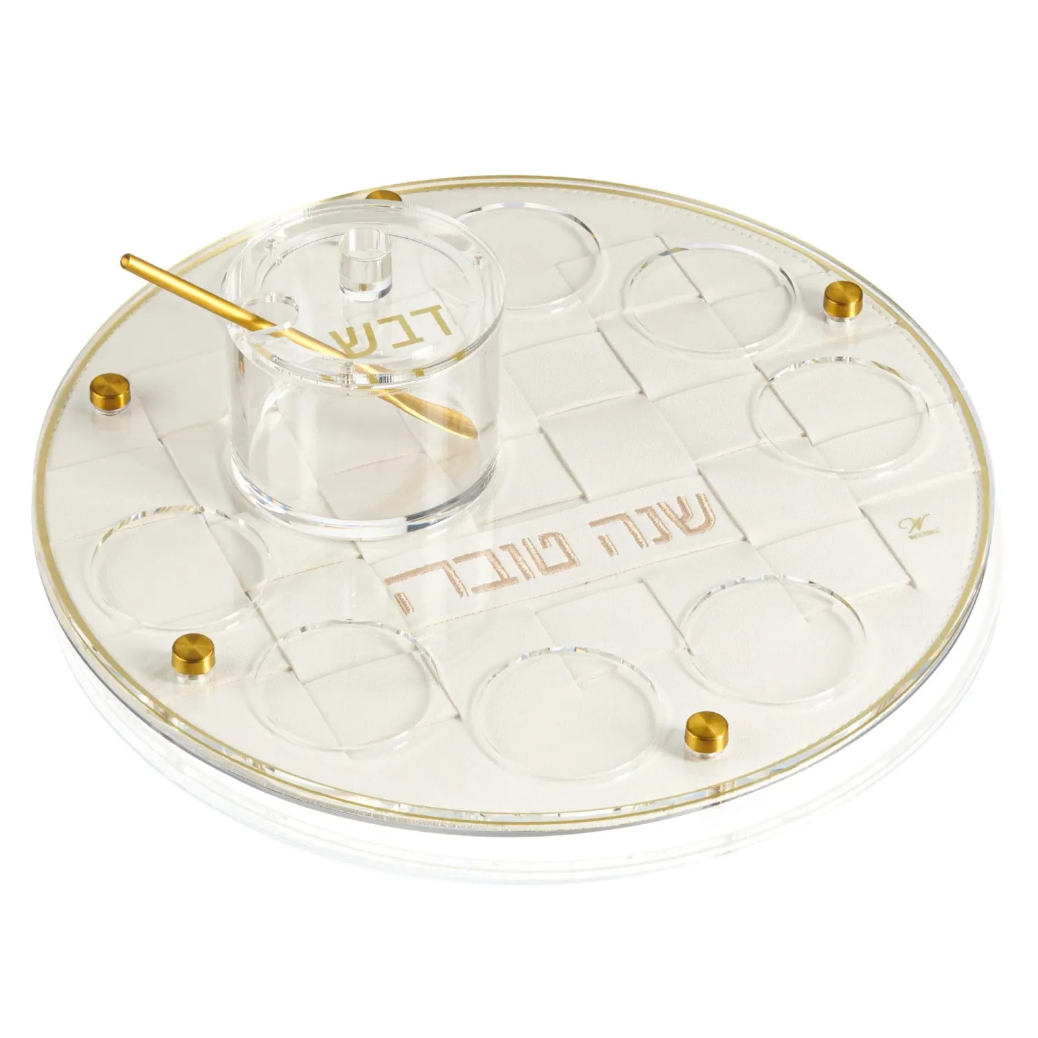 Plato de Simanim para Rosh Hashana en acrilico acabado tejido con mielera dorado