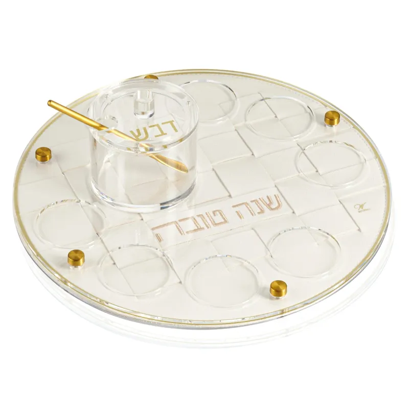 Plato de Simanim para Rosh Hashana en acrilico acabado tejido con mielera dorado