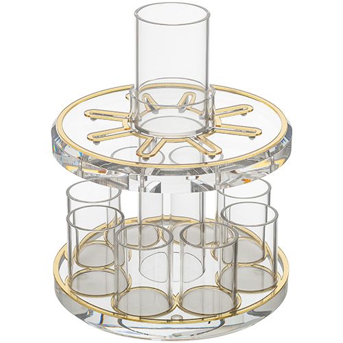 Fuente de kidush transparente , con detalles dorados y 8 copitas