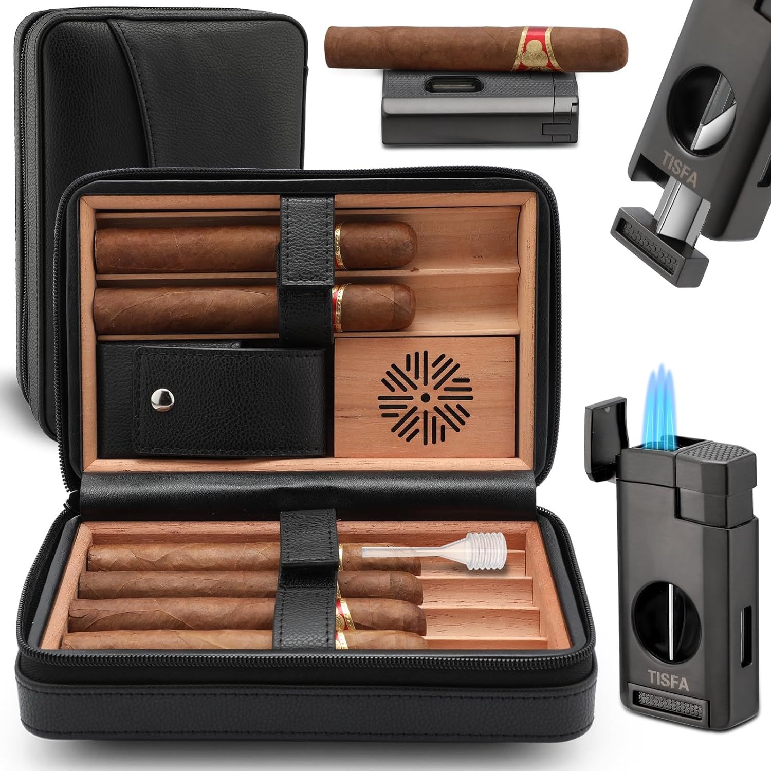Estuche para habanos con cortador y encendedor negro