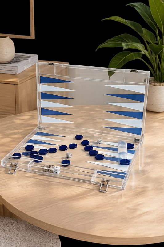 JUEGO DE BACKGAMMON EN ACRILICO AZUL