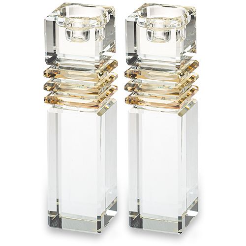 Candelabros de cristal cuadrado color dorado con transparente de 11 cm