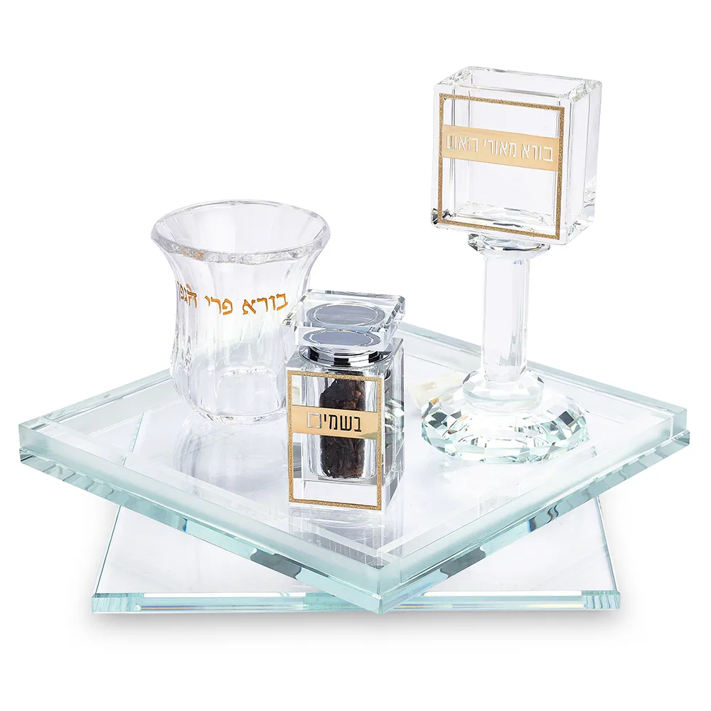 Set de Havdala en cristal transparente con detalles dorados 20 cm
