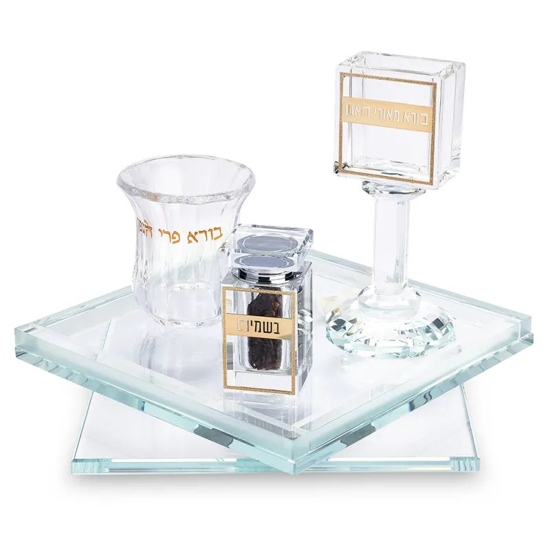 Set de Havdala en cristal transparente con detalles dorados 20 cm