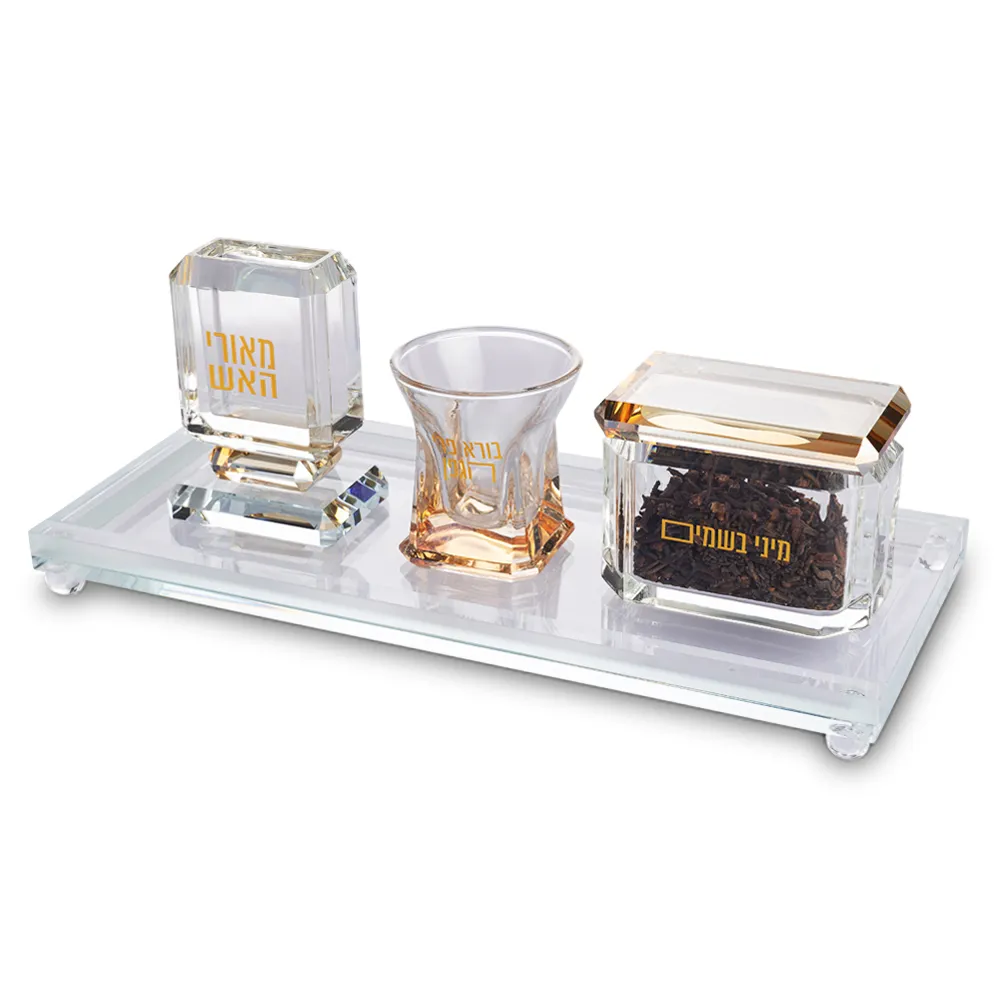Set de Havdala rectangular en cristal transparente con detalles Dorados 34*15 cm