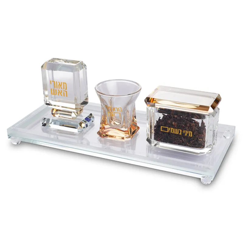 Set de Havdala rectangular en cristal transparente con detalles Dorados 34*15 cm