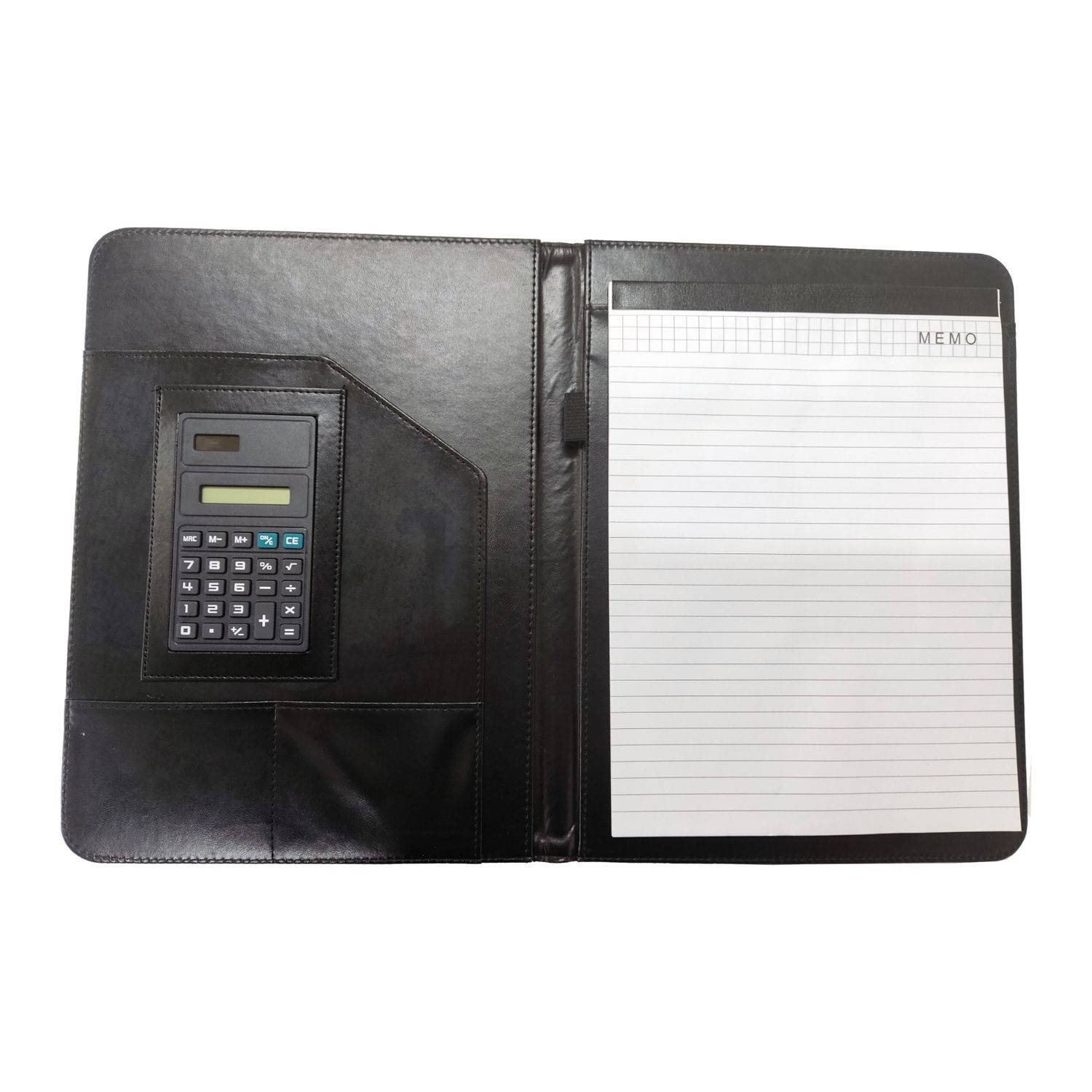 Portafolio de cuerina con calculadora color negro