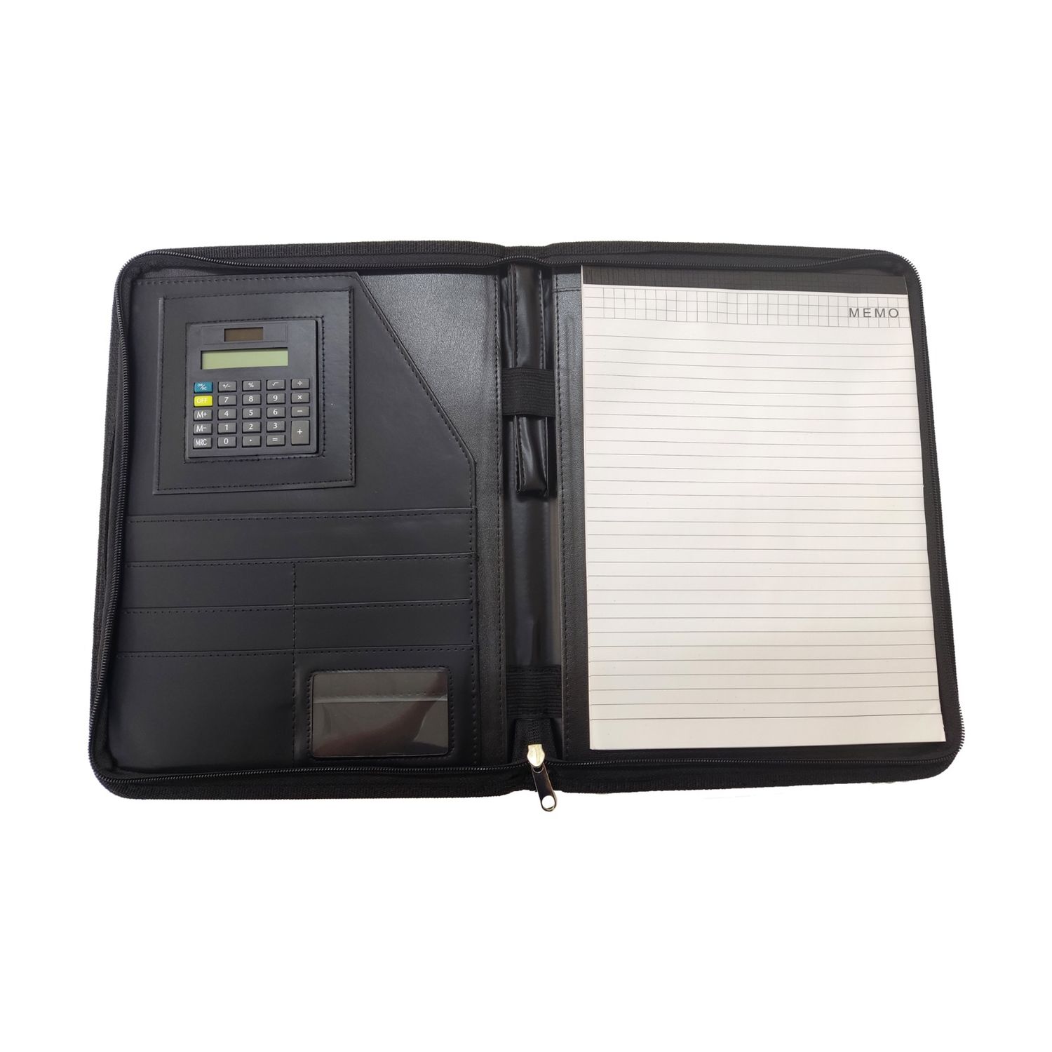 Portafolio de cuerina con calculadora color y zipper negro