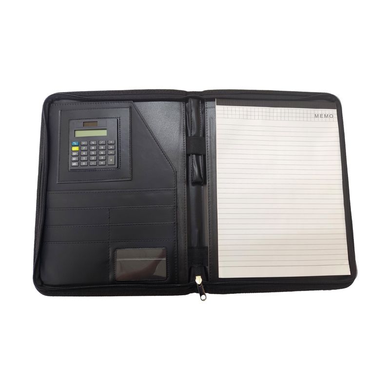 Portafolio de cuerina con calculadora color y zipper negro