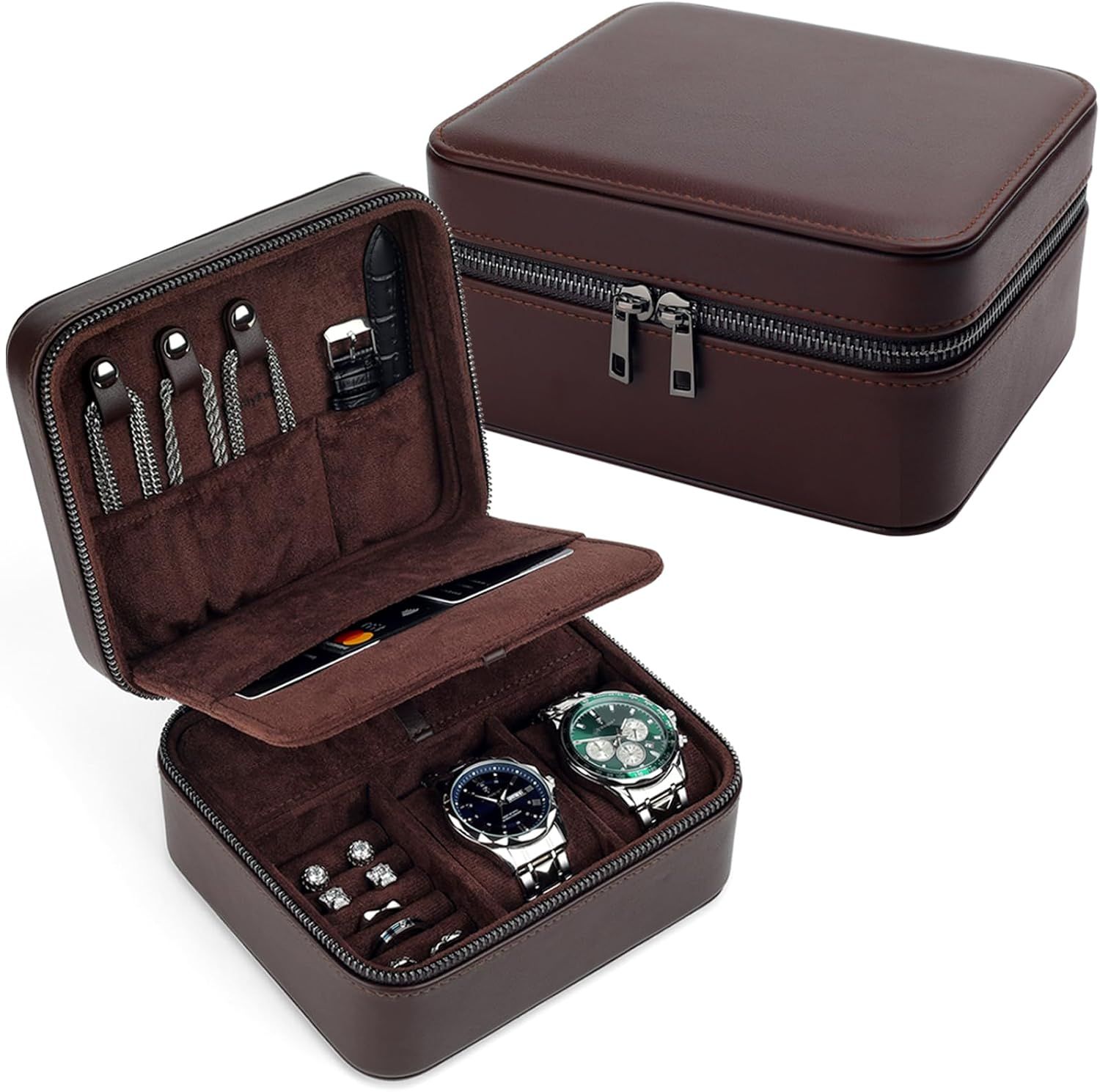Caja de reloj con 2 slots rollos de anillos y compartimentos para accesorios