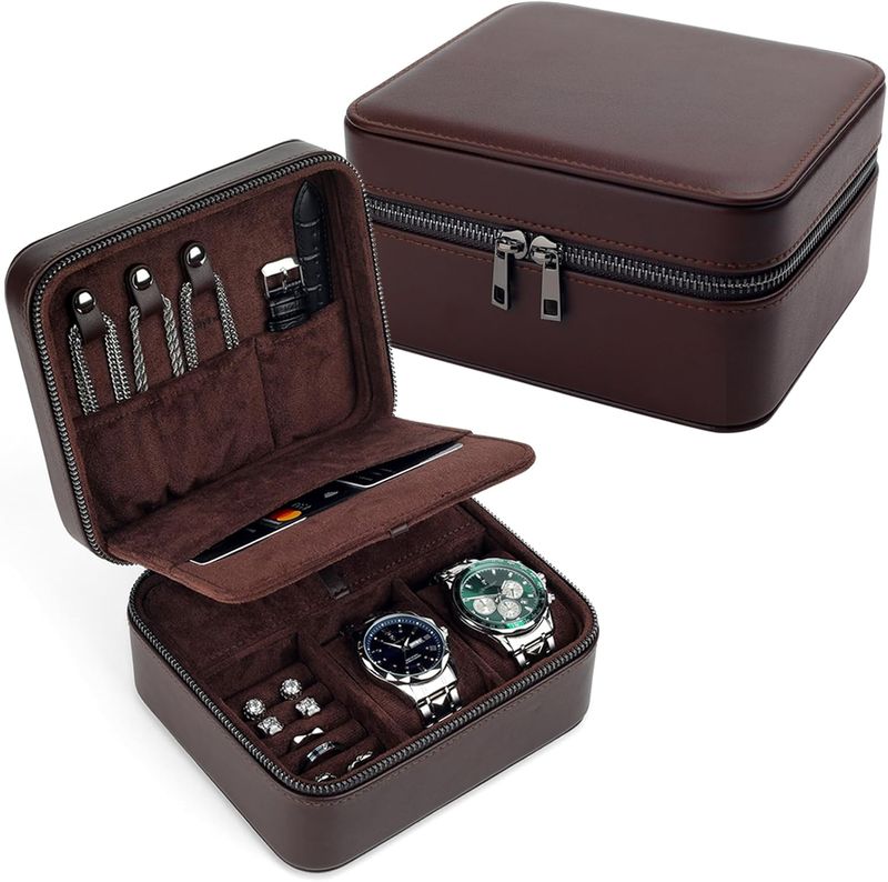 Caja de reloj con 2 slots rollos de anillos y compartimentos para accesorios