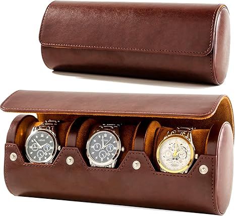 Estuche de cuero clasico chocolate para reloj de 3 slots