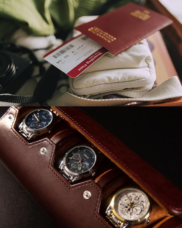 Estuche de cuero clasico chocolate para reloj de 3 slots
