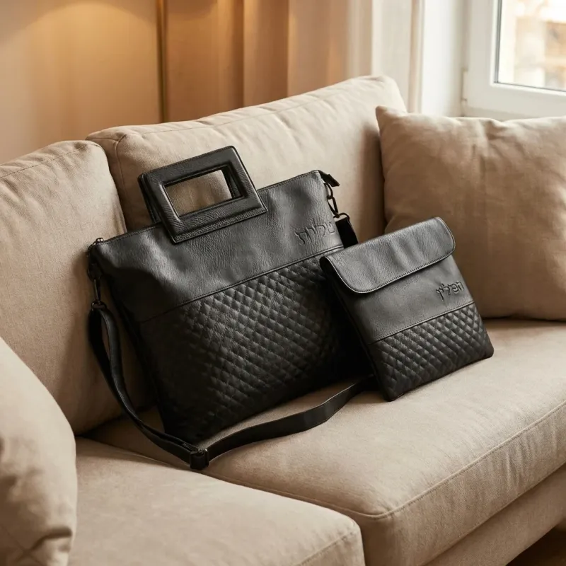Set de Coracha en Cuerina con agarradero en negro 38 x 31 cm