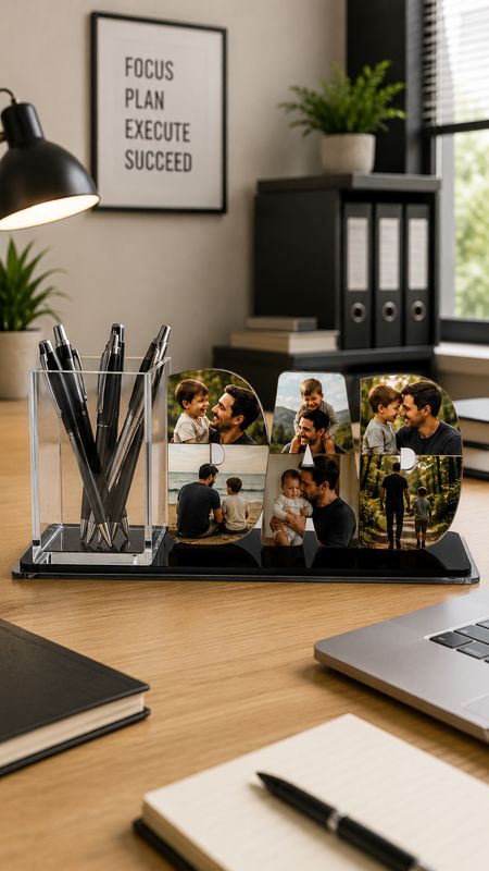 Organizador de escritorio personalizado con fotos con lapicero transparente