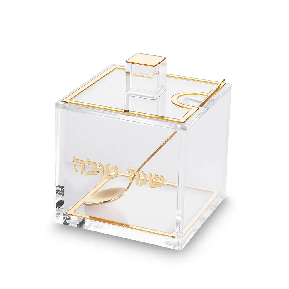 Mielera acrilica cuadrada con detalles dorado 9.5 cm
