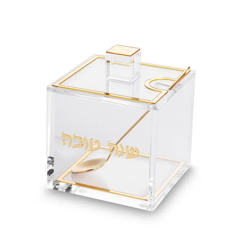 Mielera acrilica cuadrada con detalles dorado 9.5 cm