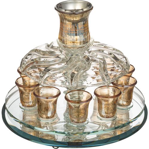 Fuente para Kidush con 10 copitas con detalles dorado 33x25 cm