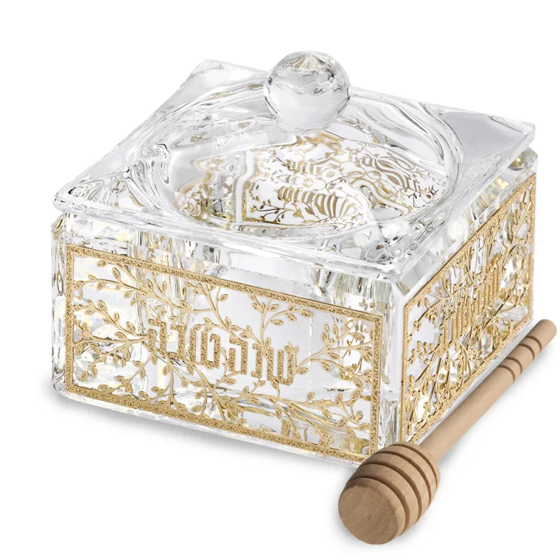 Mielera de cristal con placa floral en dorado 6 cm