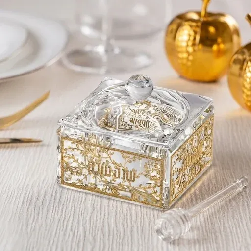 Mielera de cristal con placa floral en dorado 6 cm