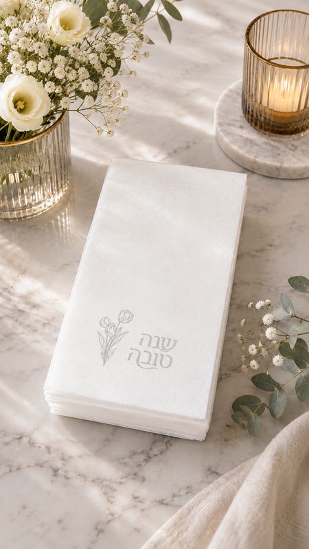 SeSet de 25 Servillletas Imitacion lino Rectangular para Rosh Hashana  - Flores Platedo