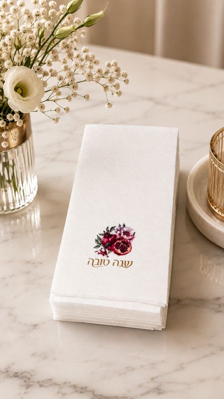 Set de 25 Servillletas Imitacion lino Rectangular para Rosh Hashana  - Granada con Flor