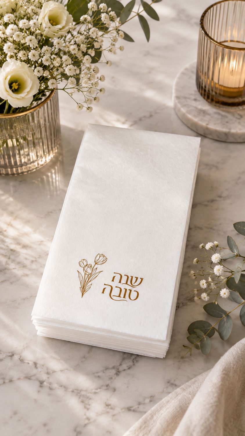 Set de 25 Servillletas Imitacion lino Rectangular para Rosh Hashana  - Flores Dorado