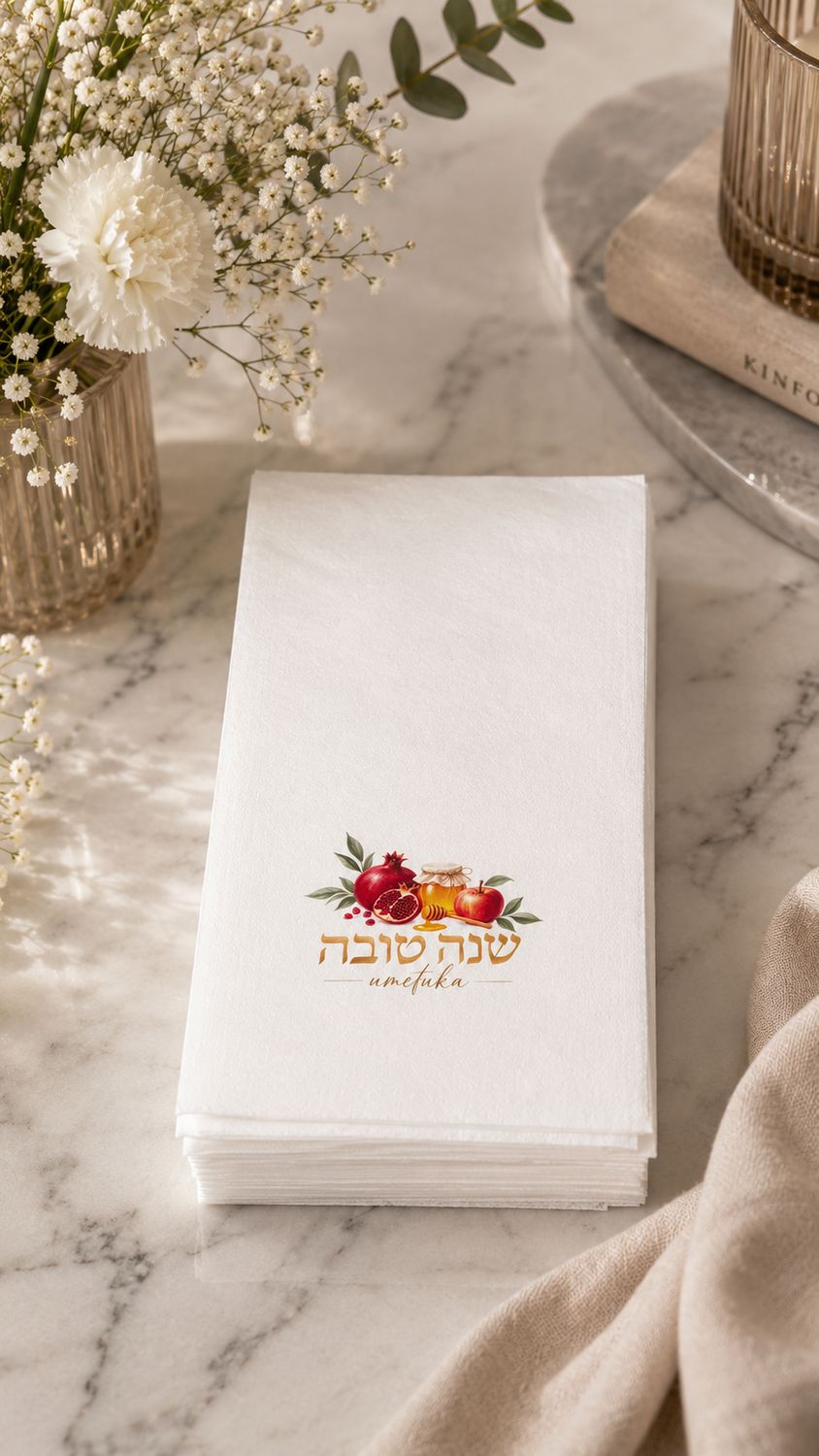 Set de 25 Servillletas Imitacion lino Rectangular para Rosh Hashana  - Granada con Manzana y Miel