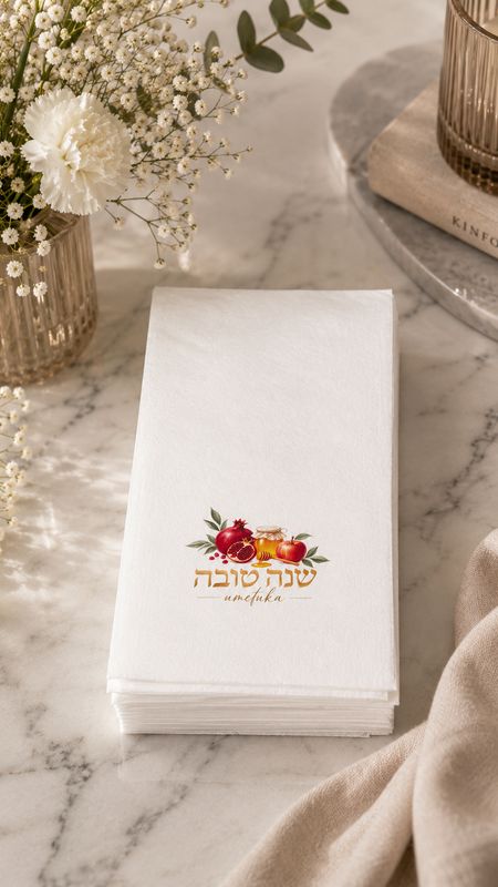 Set de 25 Servillletas Imitacion lino Rectangular para Rosh Hashana  - Granada con Manzana y Miel