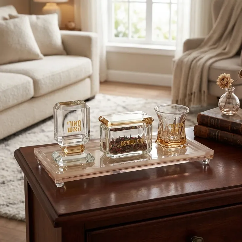 Set de Havdala rectangular en cristal con detalles dorados