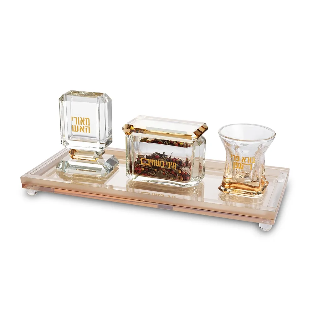 Set de Havdala rectangular en cristal con detalles dorados