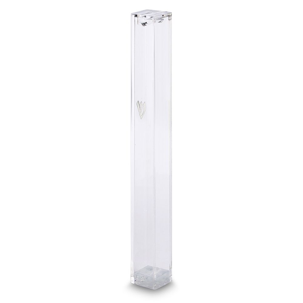 Mezuza de plastico transparente con detalle plateado 15 cm
