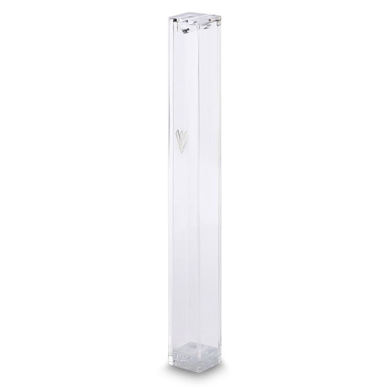 Mezuza de plastico transparente con detalle plateado 15 cm