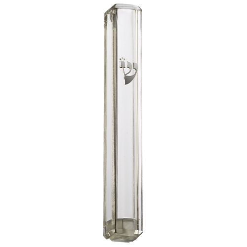 Mezuza de plastico transparente con detalle plateado 12 cm