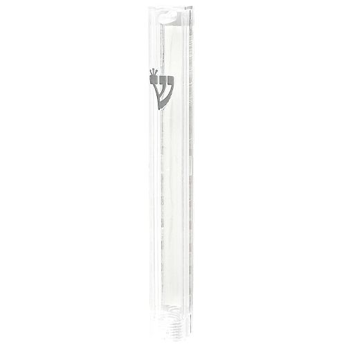 Mezuza de plastico transparente con  shin detalle plateado 12 cm
