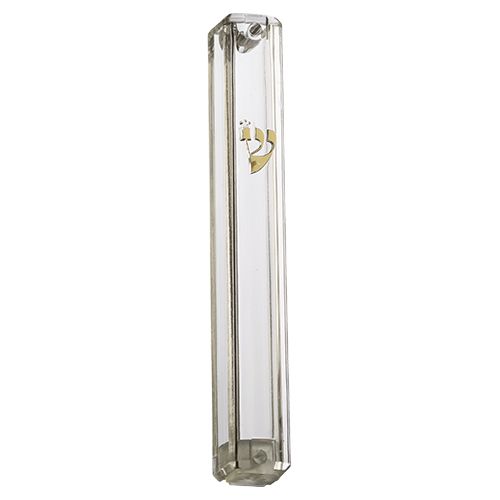 Mezuza de plastico transparente con detalle dorado 10 cm