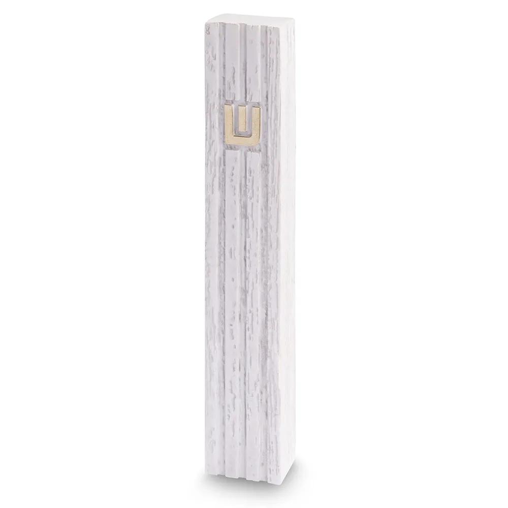 Mezusa de polímero tipo concreto, acabado piedra, blanca con lineas , 12 cm